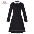 Grace Karin Mujeres con estilo y ajuste delgado manga larga contraste color muñeca collar negro A-Line Dress CL010470-1